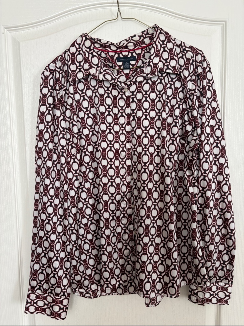 Tommy Hilfiger Burgundy and White Chain-Print Button Down Blouse